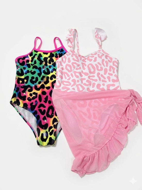 SHEIN Other - Girls Swimsuit Bundle 7-8Y One Piece Pink Leopard + Rainbow Leopard